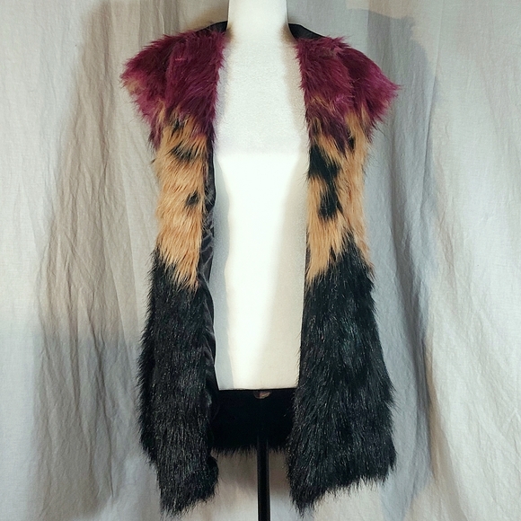 Diesel burgundy, black & tan faux fur vest, S, EUC - Picture 4 of 8